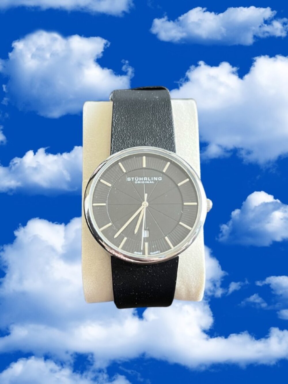 Stuhrling Original Black Strap Analog Wristwatch Silver Tone Case Grey Dial
